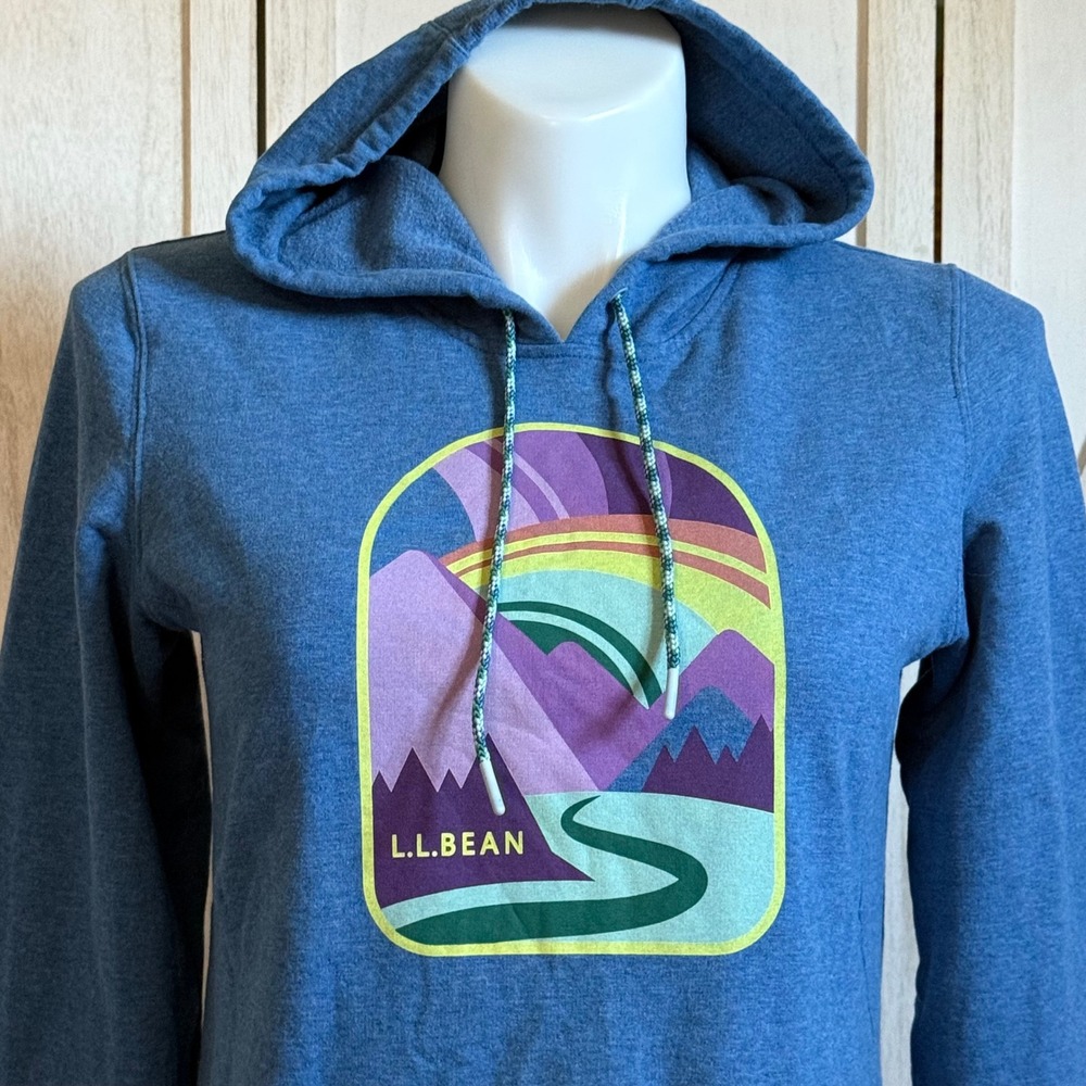 LL Bean Womens Blue Heather Mountain Graphic Longline Hoodie Sweatshirt Medium - Picture 3 of 3